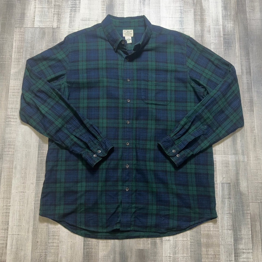 LL Bean Flannel Shirt Men XLT TALL Plaid Green Blue Button Up Long Sleeve Thick